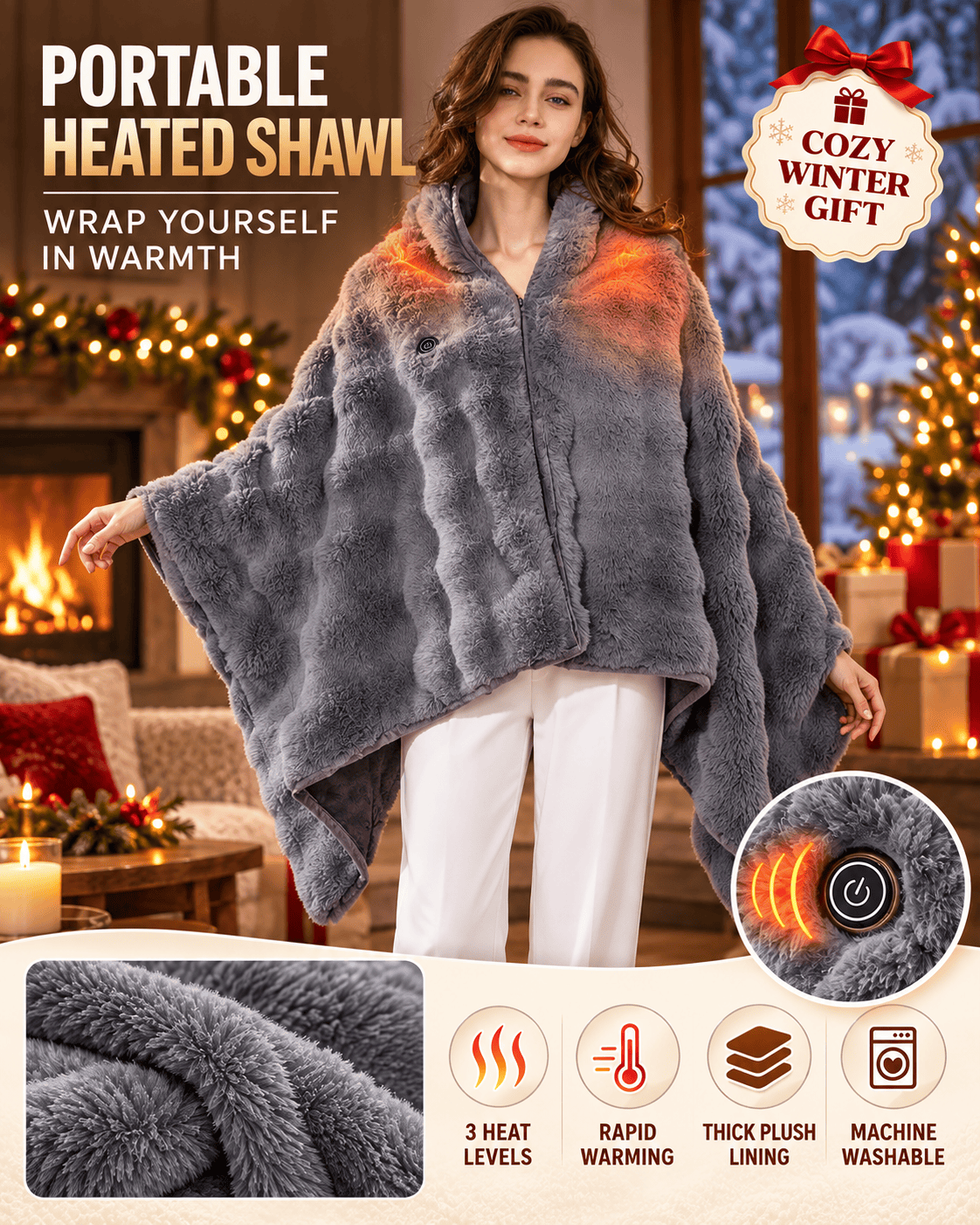 3-Heat USB Wearable Flannel Shawl Blanket