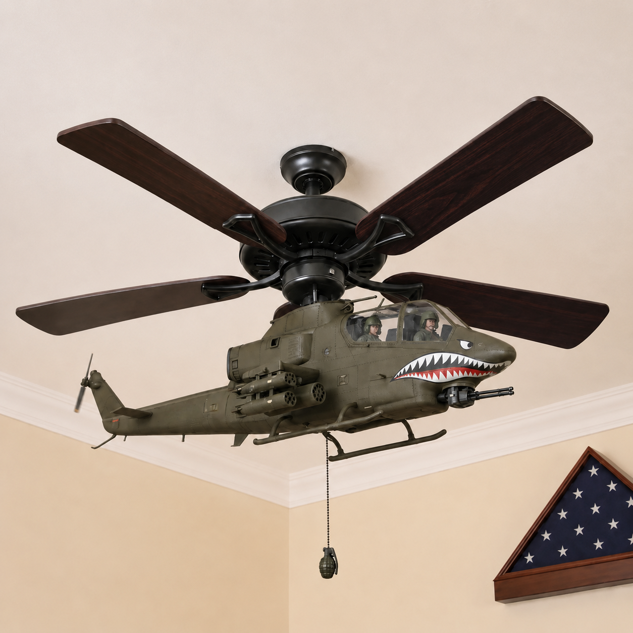 ๐ Military Helicopter Ceiling Fan Decor โ Realistic Hanging Ornament for Man Cave & Home