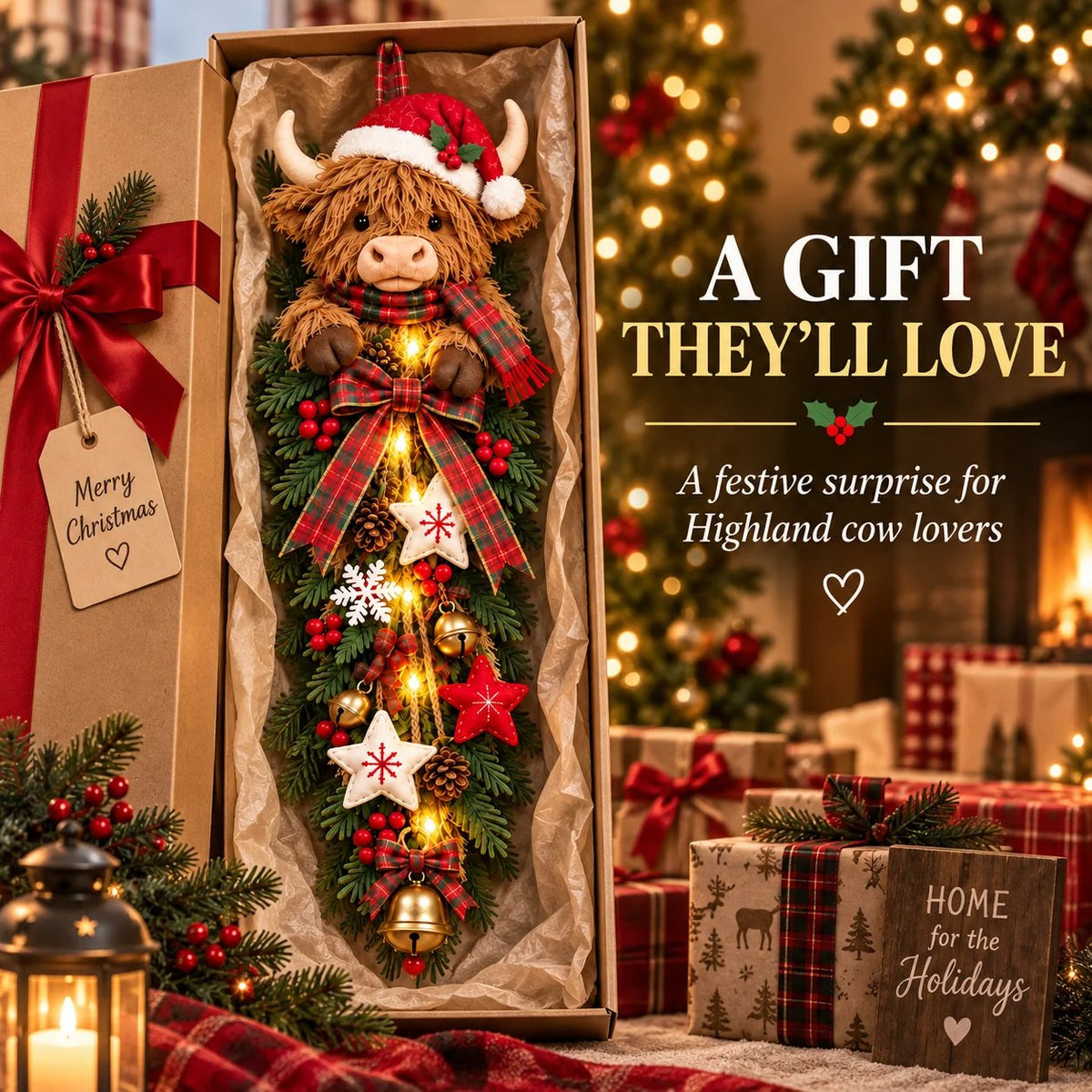 ๐ฅLast Day 49% OFFโจ๐ Lighted Highland Cow Christmas Door Swag โ A Cozy Holiday Welcome