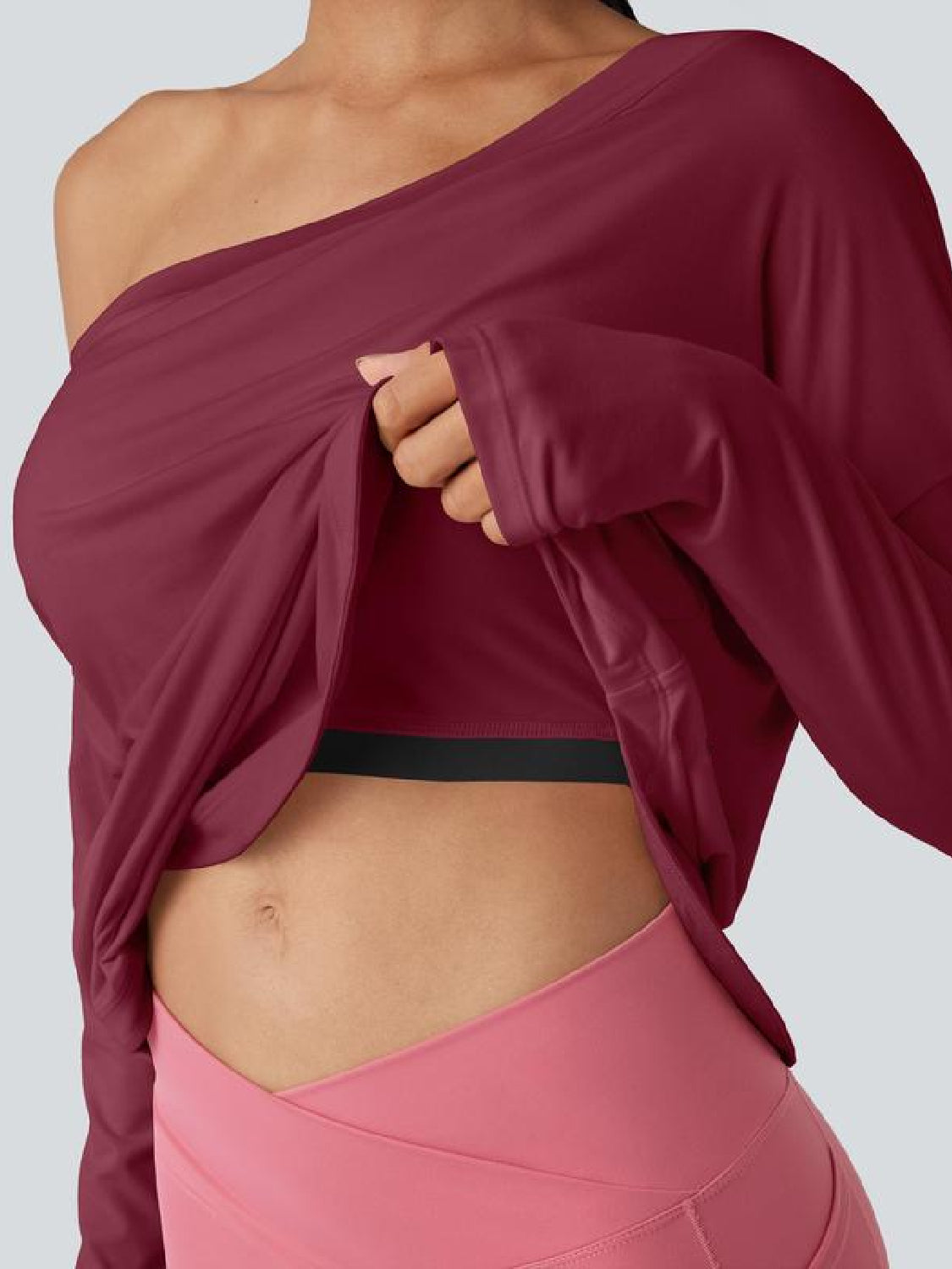 One Shoulder Long Sleeve Thumb Hole Curved Hem Top-Built-in Bra