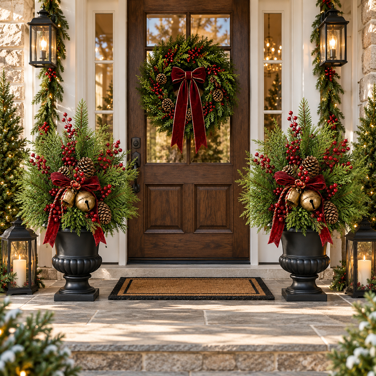 🎄 24" Pre-Lit Christmas Urn Filler 🔔 Vintage Bells & Rustic Farmhouse Charm 9