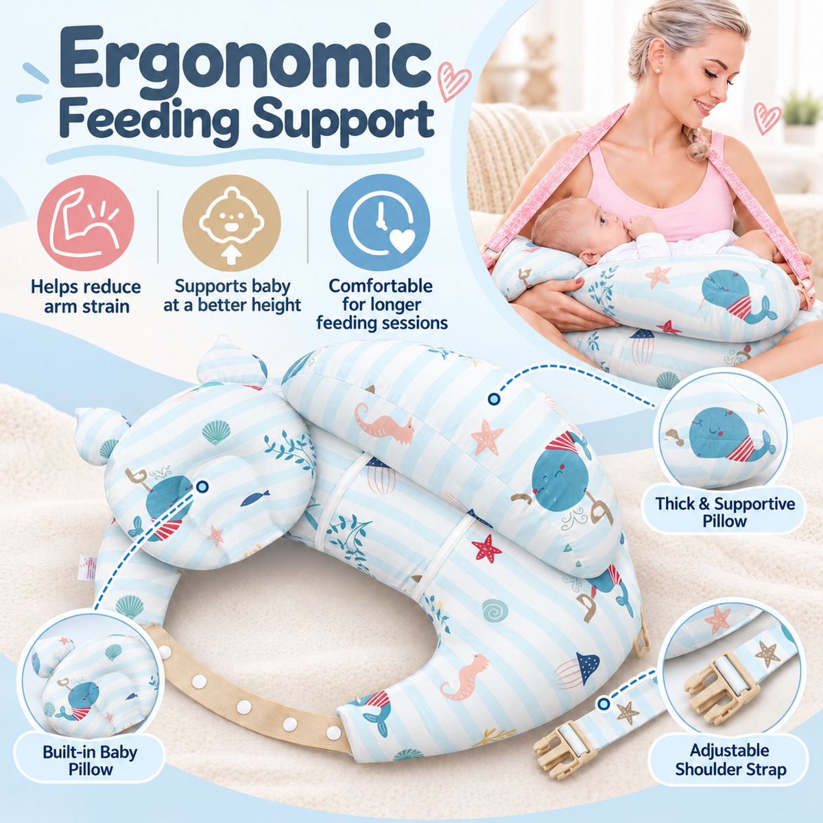 👶 Ergonomic Nursing Pillow 🍼 Hands-Free Feeding Cushion with Adjustable Strap & Baby Pillow
