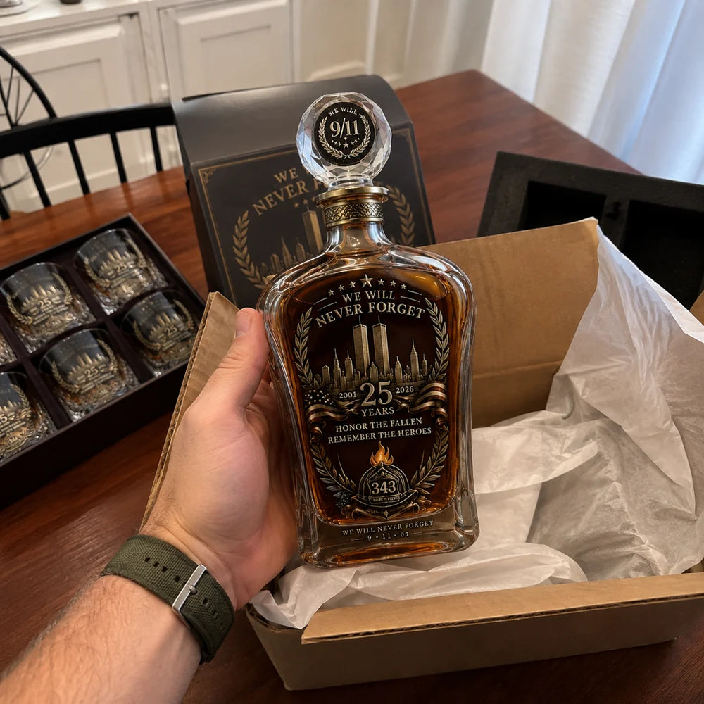 Customer holding 25th anniversary memorial glass