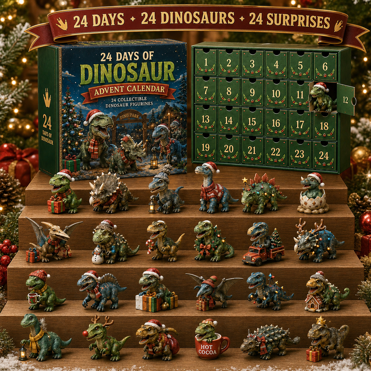 🦖🎅🎄24 Days of Dinosaur Christmas Advent Calendar – 24 Collectible Dino Figurines & Holiday Surprises