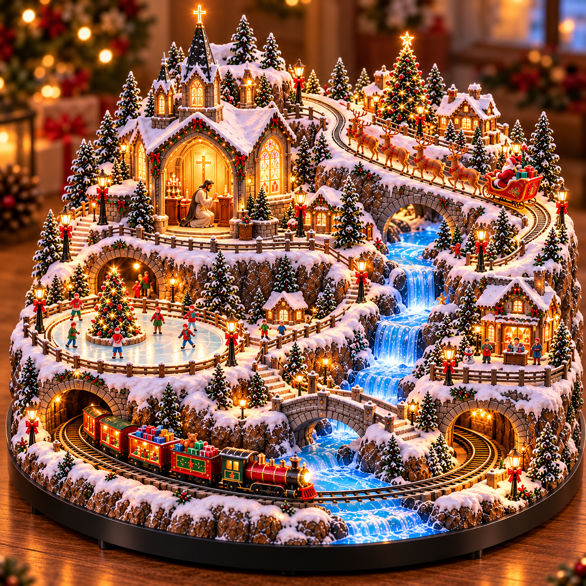 Lighted Animated Christmas Village with Train, Reindeer Sleigh & Waterfall