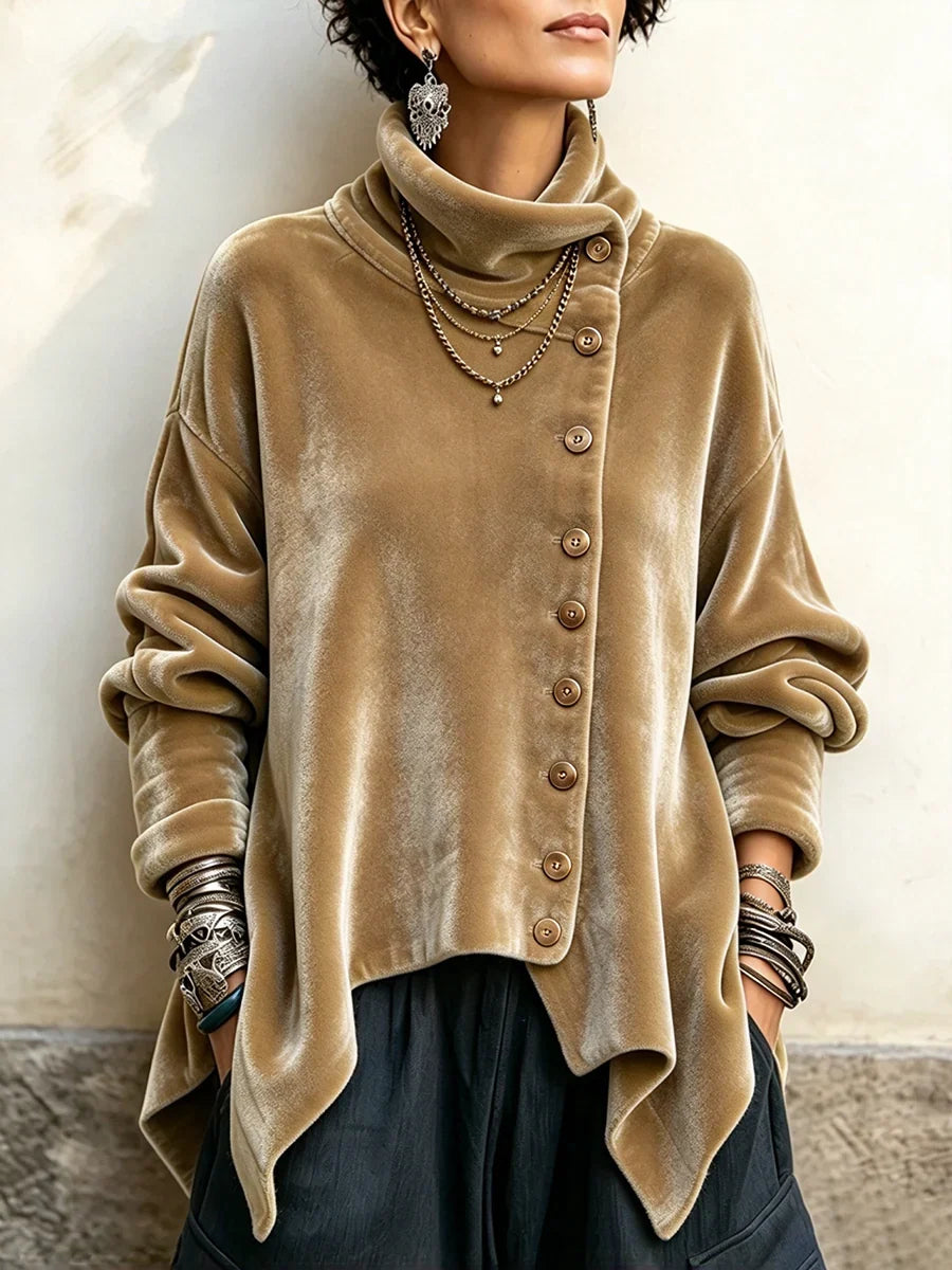 Velvet Asymmetric Button Turtleneck Top