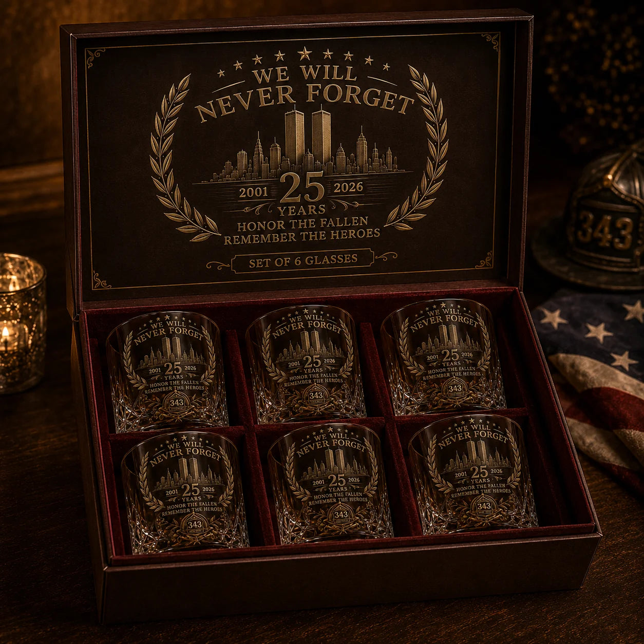 25th Anniversary Never Forget set of six memorial glasses