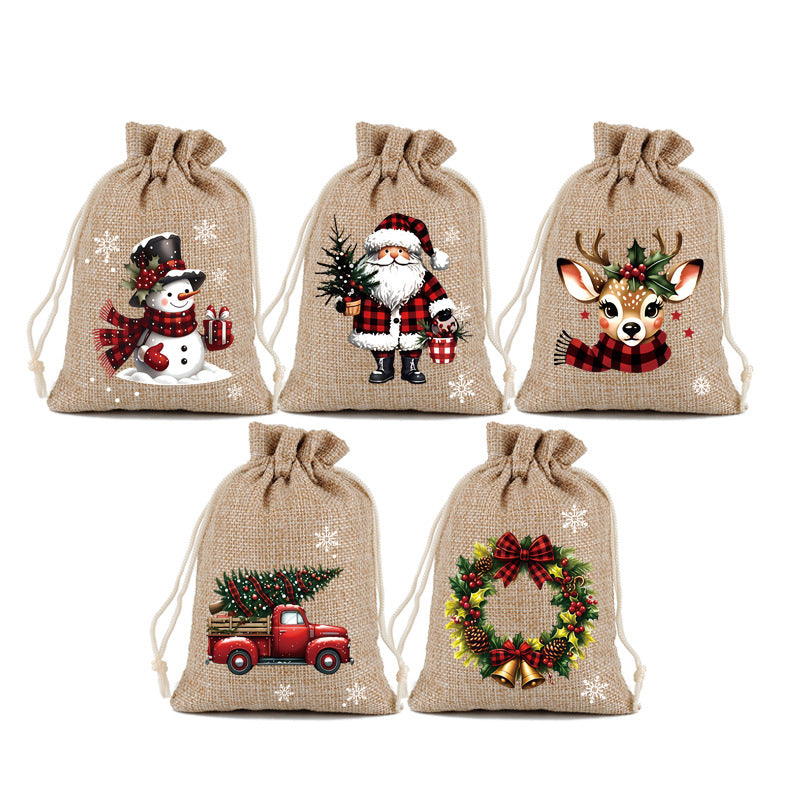 🎄 Christmas Drawstring Gift Bags – Santa & Reindeer Design, Reusable Fabric Gift Wrapping Bags