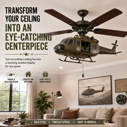 🚁 Military Helicopter Ceiling Fan Decor – Realistic Hanging Ornament for Man Cave & Home