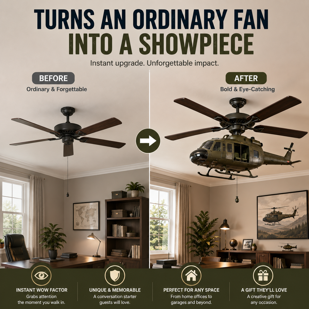 🚁 Military Helicopter Ceiling Fan Decor – Realistic Hanging Ornament for Man Cave & Home