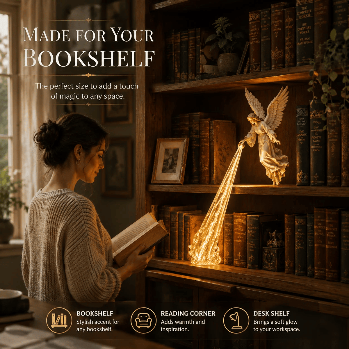 👼🎁 Celestial Guardian – Angel Light Beam Bookshelf Decor