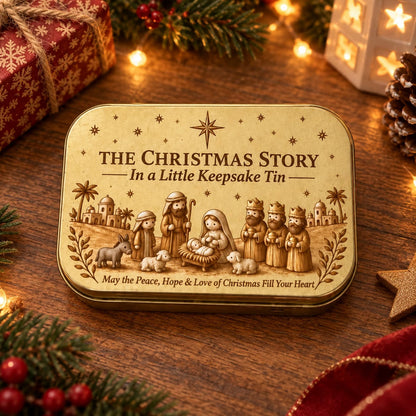 Closed Christmas nativity keepsake tin with illustrated lid