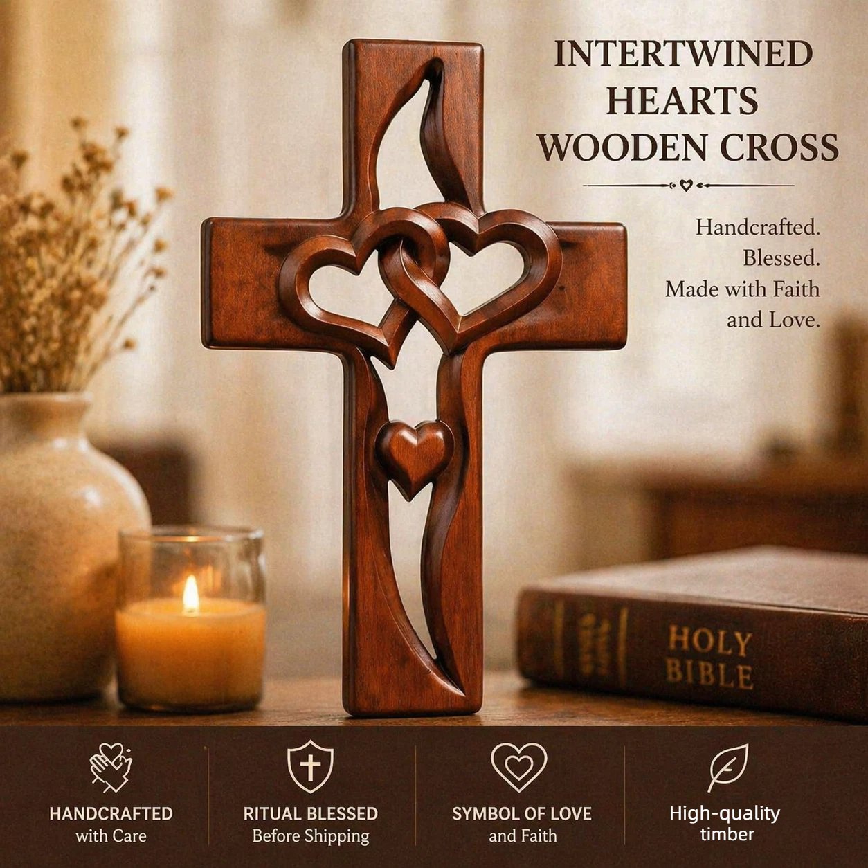 ✝️ Handcrafted & Blessed Intertwined Hearts Wooden Cross – Spiritual Unity & Love 🔥
