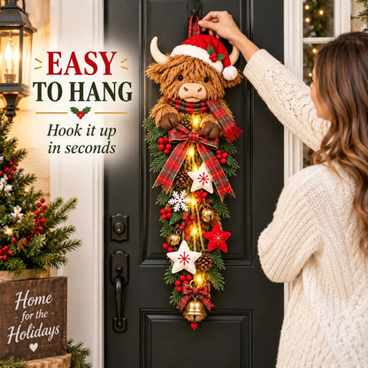🔥Last Day 49% OFF✨🎄 Lighted Highland Cow Christmas Door Swag – A Cozy Holiday Welcome