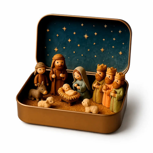Mini nativity scene in an open keepsake tin with starry backdrop