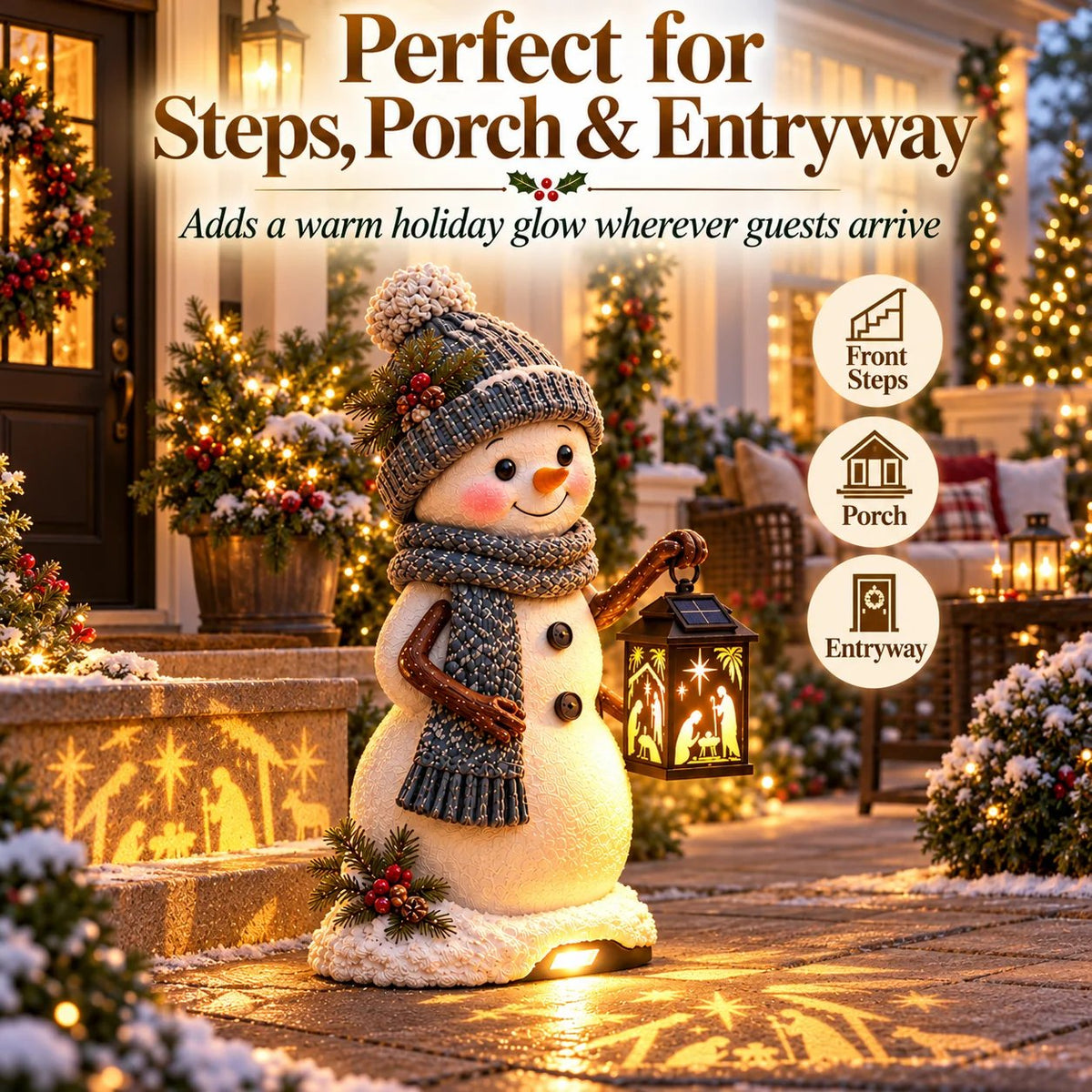 ⛄️🎄Snowman Nativity Glow– Solarbetriebene Weihnachts-Stufenleuchte mit Projektion der Heiligen Familie🌙