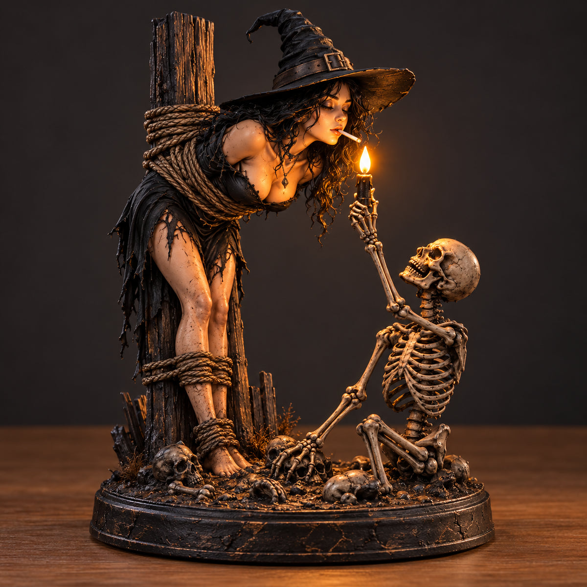 Witch & Skeleton Light-Up Figurine – Gothic Halloween Tabletop Decor