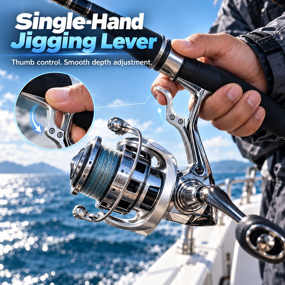 Single-Hand Jigging Fishing Reel with Thumb Lever – product view 1