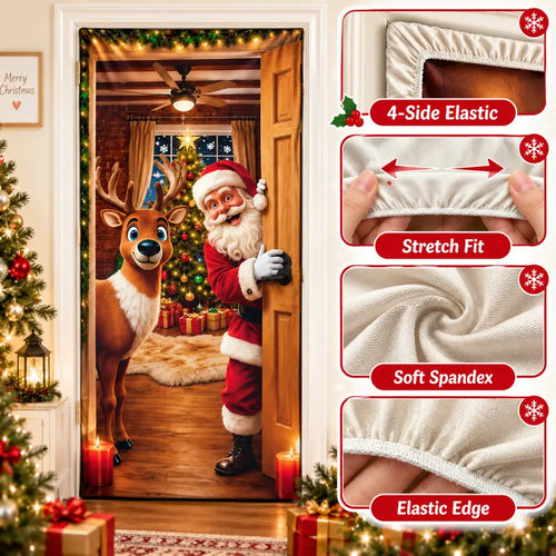 Christmas Door Cover - Stretch Fit Santa & Reindeer Door Decoration with 4-Side Elastic Edges