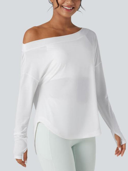 One Shoulder Long Sleeve Thumb Hole Curved Hem Top-Built-in Bra