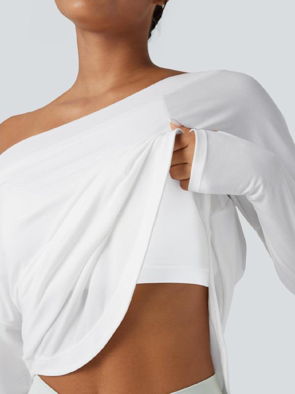 One Shoulder Long Sleeve Thumb Hole Curved Hem Top-Built-in Bra