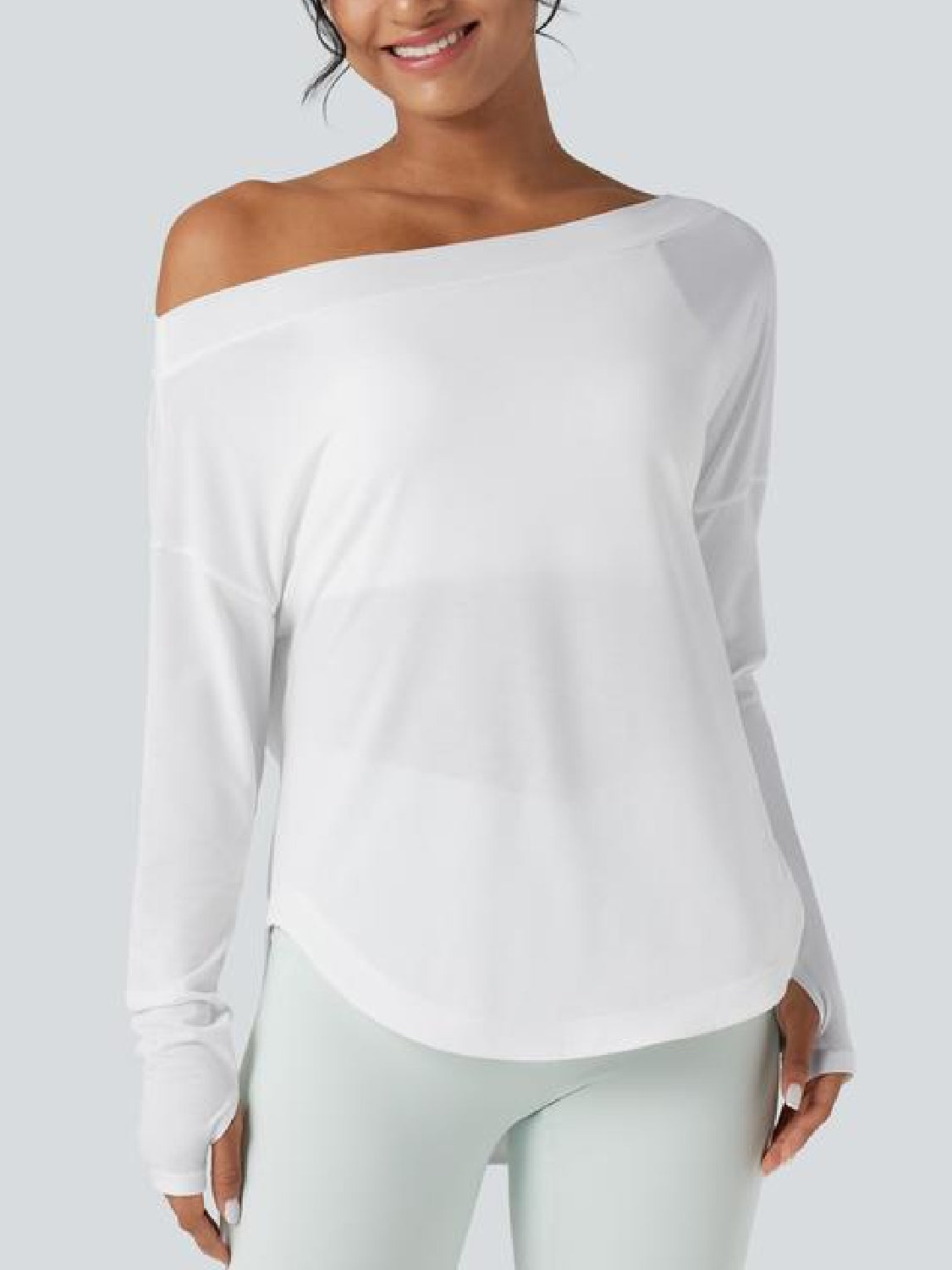 One Shoulder Long Sleeve Thumb Hole Curved Hem Top-Built-in Bra