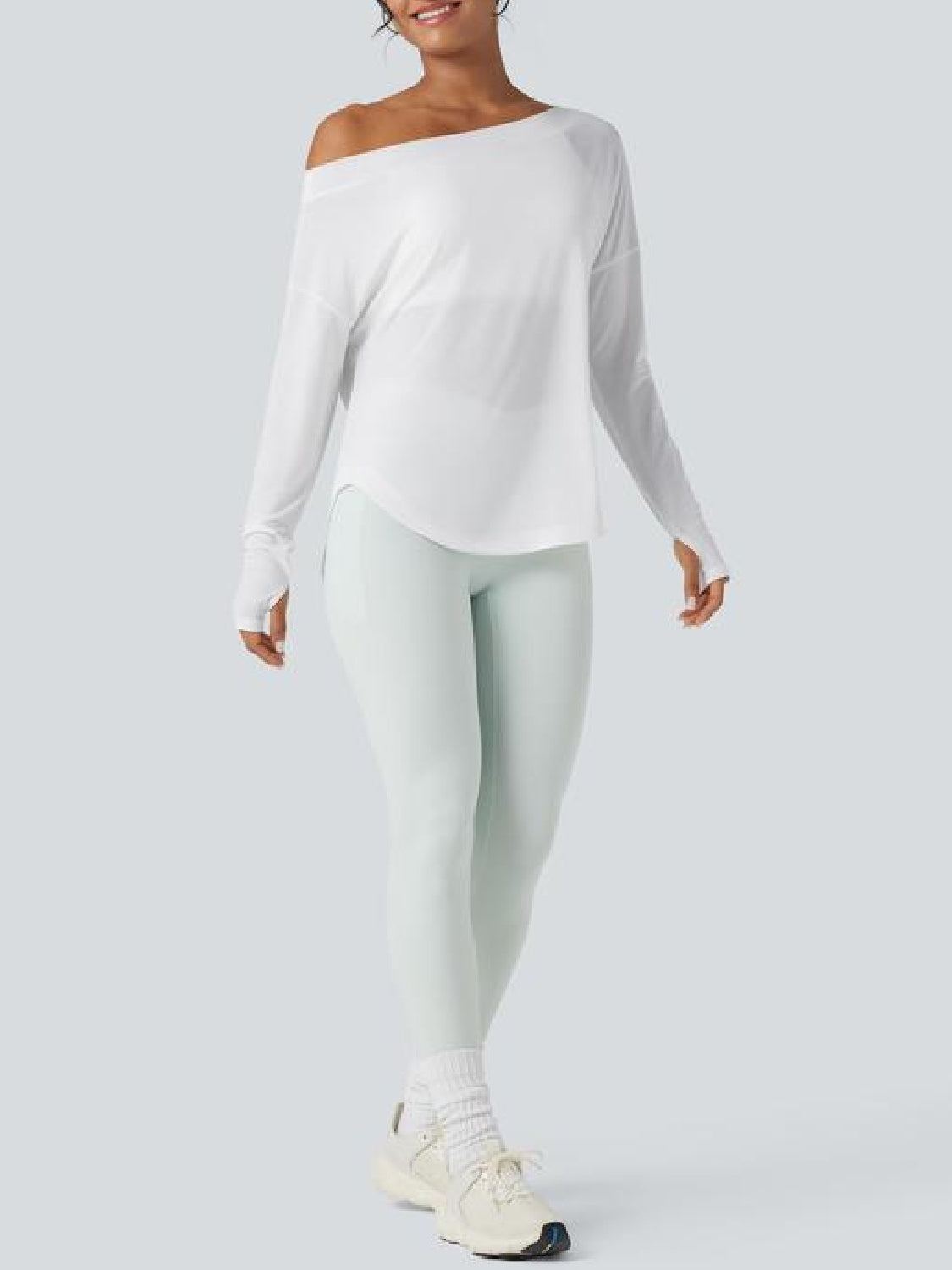 One Shoulder Long Sleeve Thumb Hole Curved Hem Top-Built-in Bra