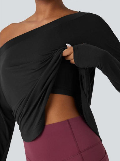 One Shoulder Long Sleeve Thumb Hole Curved Hem Top-Built-in Bra