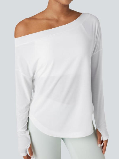 One Shoulder Long Sleeve Thumb Hole Curved Hem Top-Built-in Bra