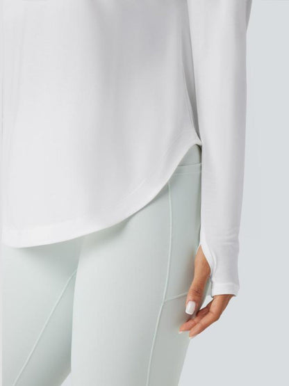 One Shoulder Long Sleeve Thumb Hole Curved Hem Top-Built-in Bra