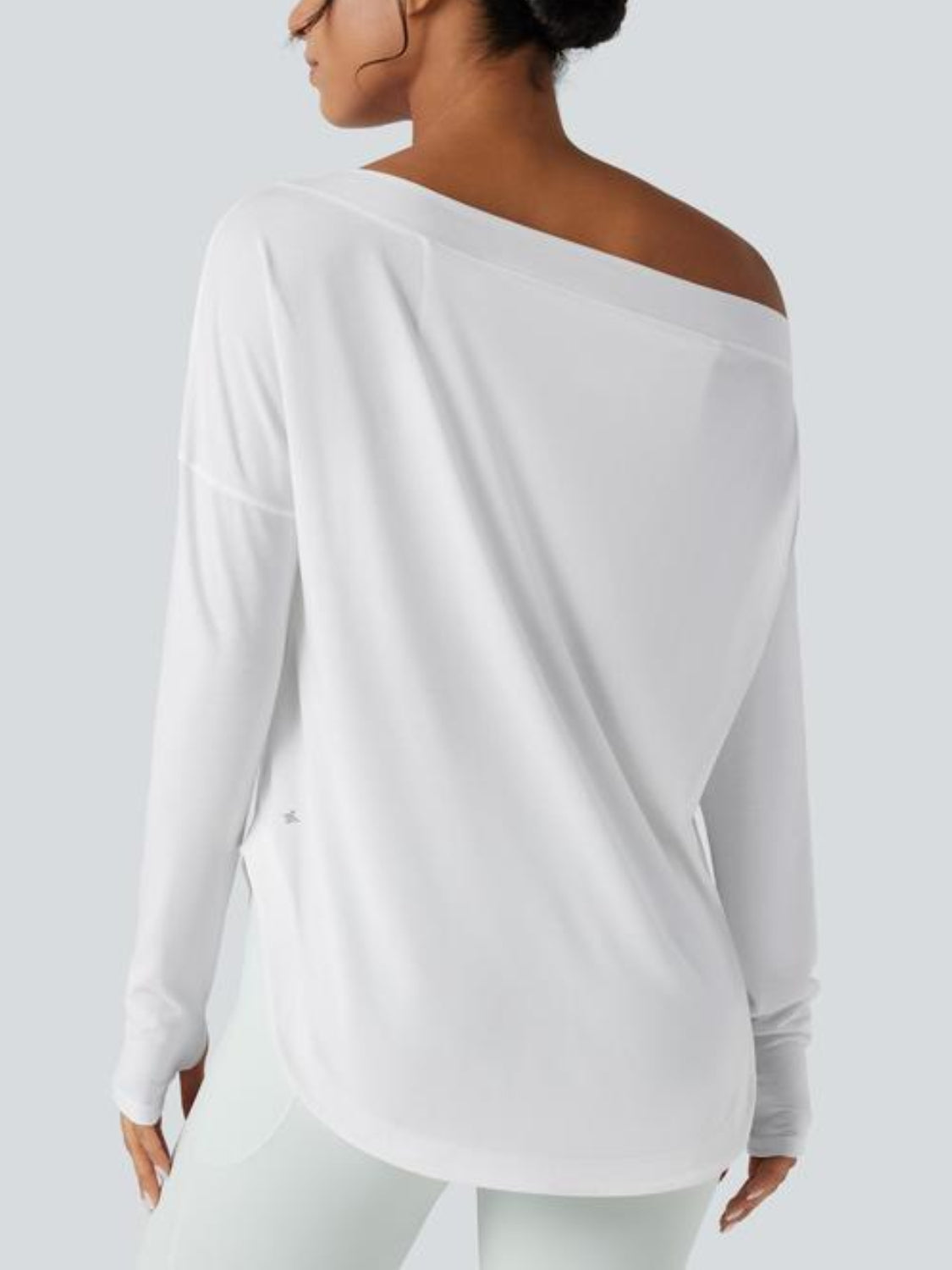 One Shoulder Long Sleeve Thumb Hole Curved Hem Top-Built-in Bra