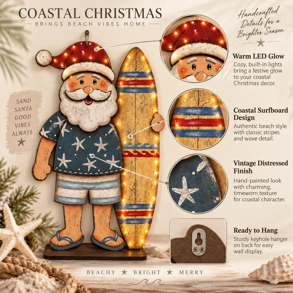 ⏳ Last Day 49% OFF – 🎅🌊 Surfing Santa Christmas Wall Light – Vintage Coastal Holiday Décor with Warm LED Glow & Remote