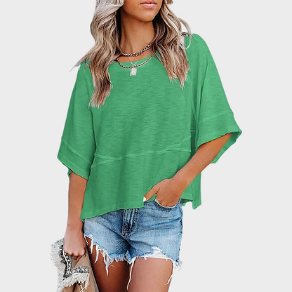 Panel Solid Color Flared Sleeve T-Shirt in Green