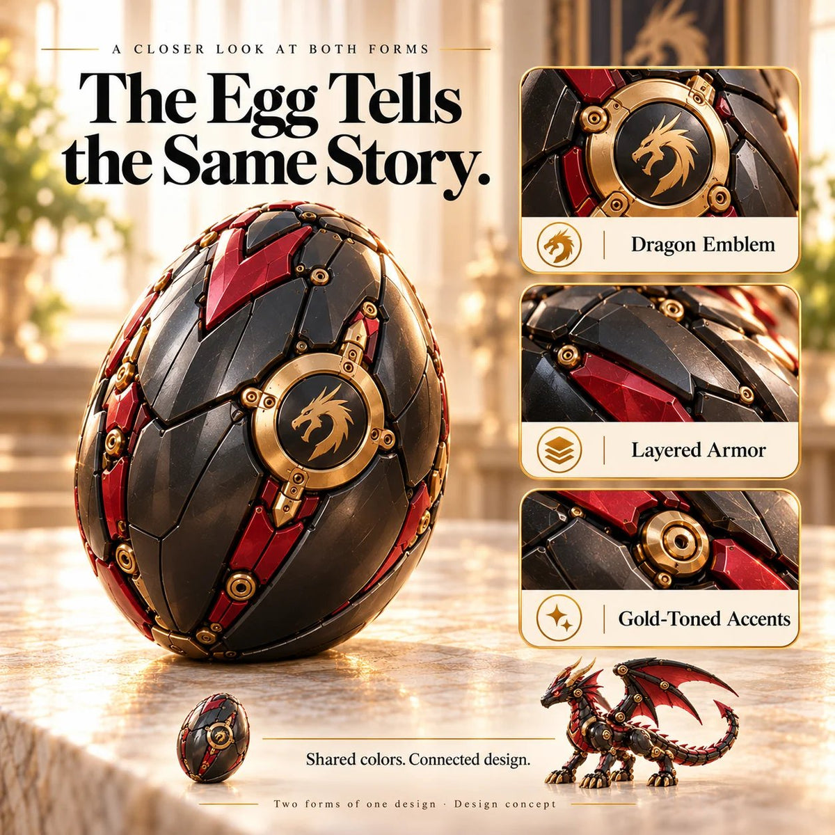 Mechanical Dragon Egg – Black & Crimson Dragon with Folding Wings & Armored Details