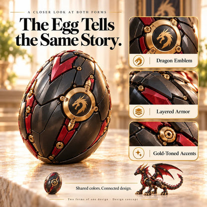 Mechanical Dragon Egg – Black & Crimson Dragon with Folding Wings & Armored Details