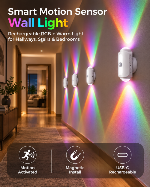 Smart Motion Sensor Wall Light – Rechargeable RGB & Warm Light