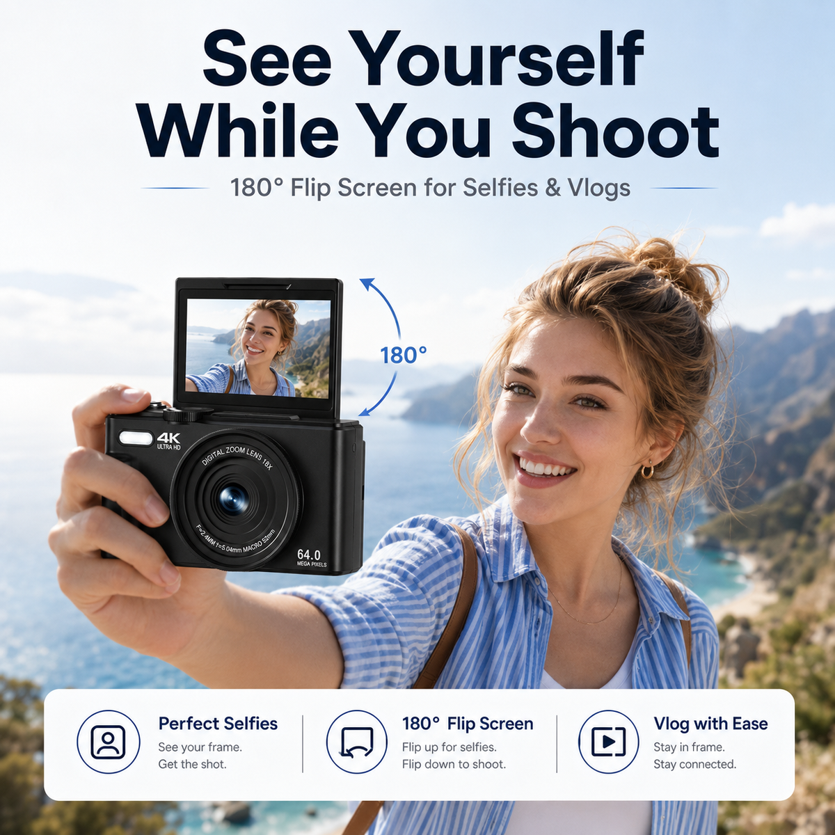 📸 4K 64MP Vlogging Camera with 180° Flip Screen & WiFi