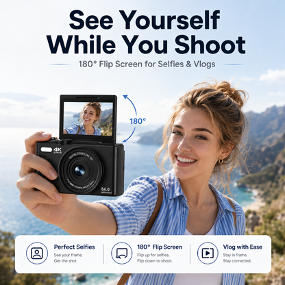 📸 4K 64MP Vlogging Camera with 180° Flip Screen & WiFi