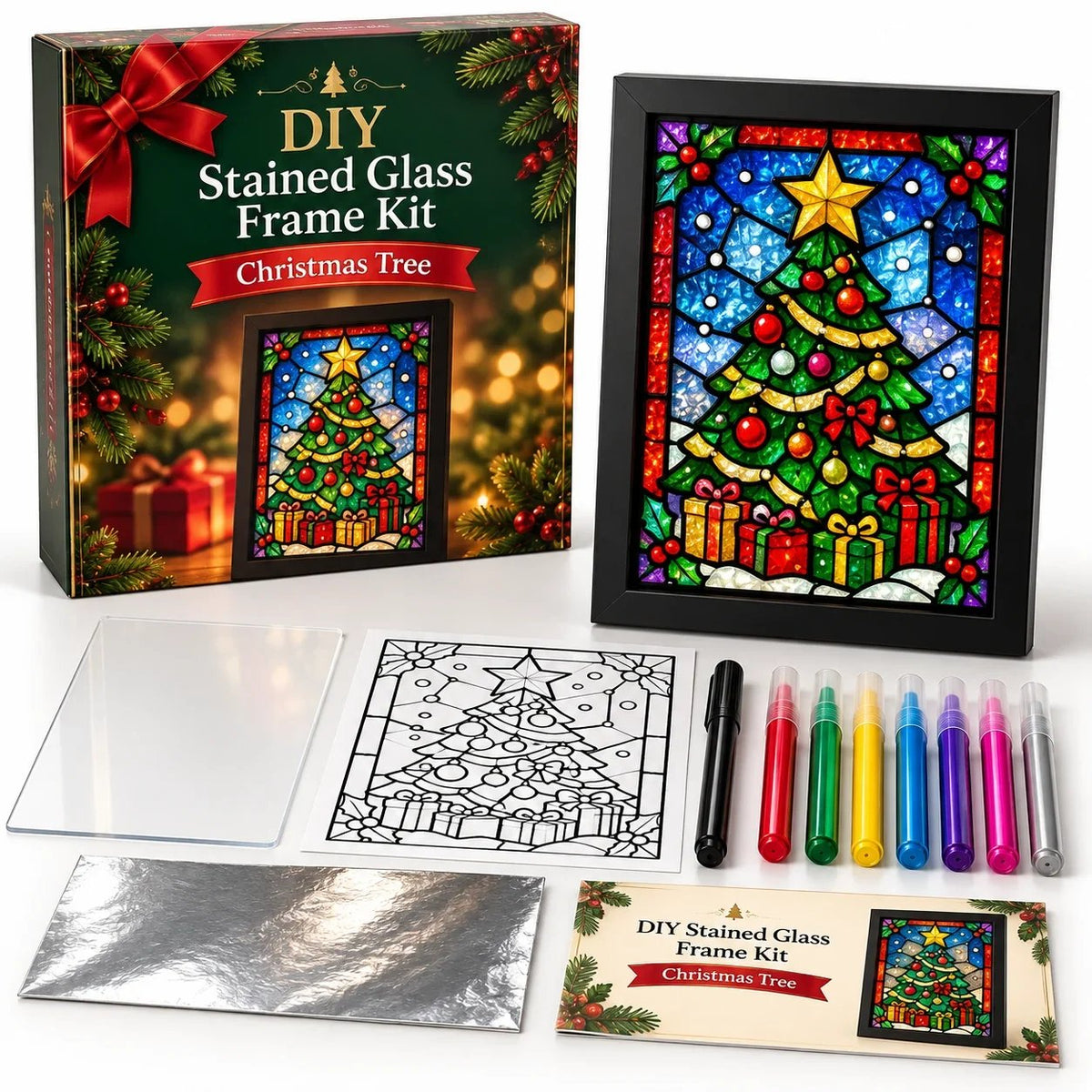 🎄🎨Beginner-Friendly Christmas Stained Glass-Style Frame Kit | 8 Festive Designs with Pens, Foil & Frame (✨Buy 2 Free Shipping)