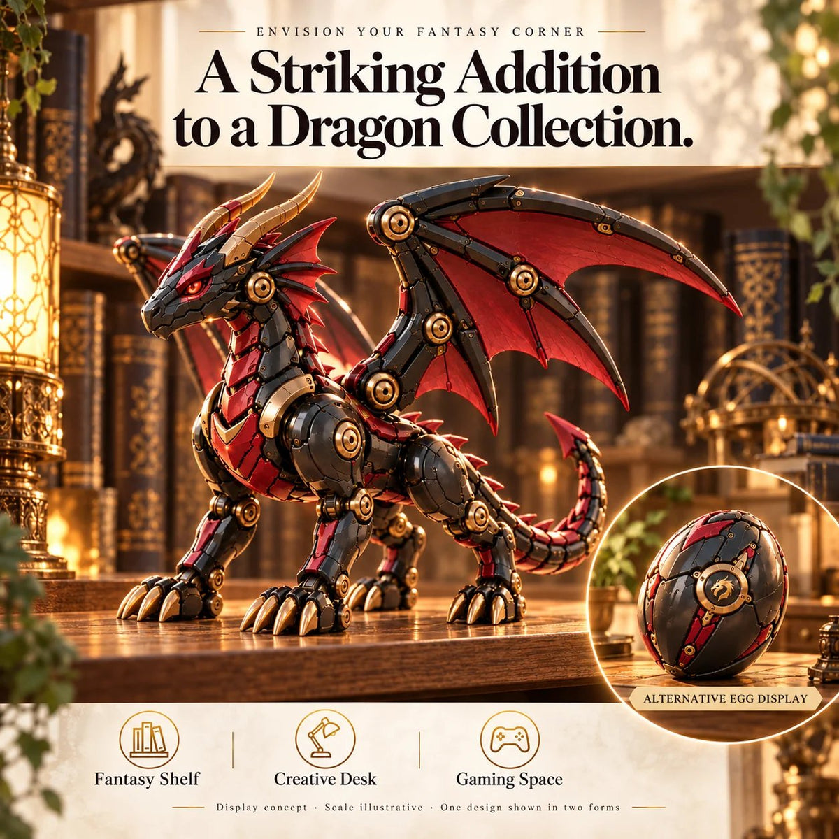 Mechanical Dragon Egg – Black & Crimson Dragon with Folding Wings & Armored Details