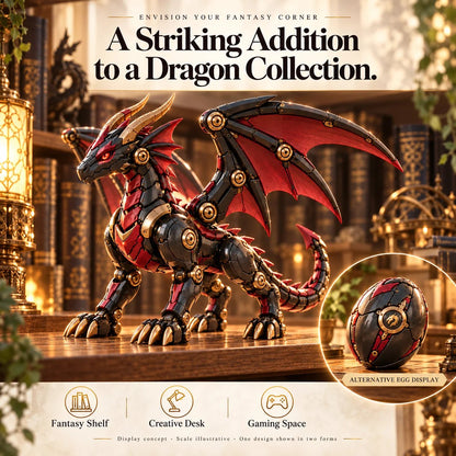 Mechanical Dragon Egg – Black & Crimson Dragon with Folding Wings & Armored Details