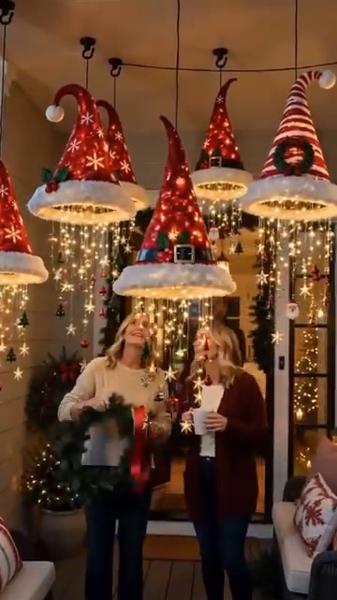 🎅 Lighted Santa Hat Hanging Chandelier 🎄 | 3 Styles Warm LED Christmas String Light | Indoor Outdoor Porch Holiday Decor Gift