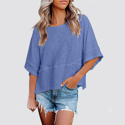 Panel Solid Color Flared Sleeve T-Shirt in Blue