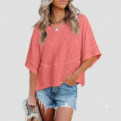 Panel Solid Color Flared Sleeve T-Shirt in Pink