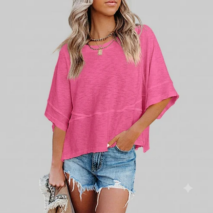 Panel Solid Color Flared Sleeve T-Shirt in Hot Pink