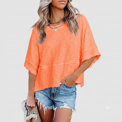 Panel Solid Color Flared Sleeve T-Shirt in Orange