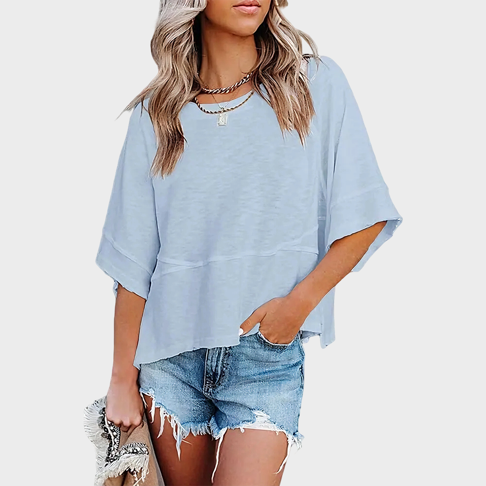 Panel Solid Color Flared Sleeve T-Shirt in Sky Blue