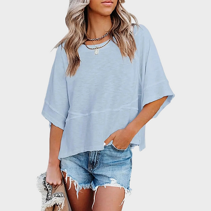 Panel Solid Color Flared Sleeve T-Shirt in Sky Blue