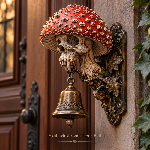 💀🍄 Skullcap Guardian – Gothic Mushroom Skull Door Bell with Vintage Bronze Chime