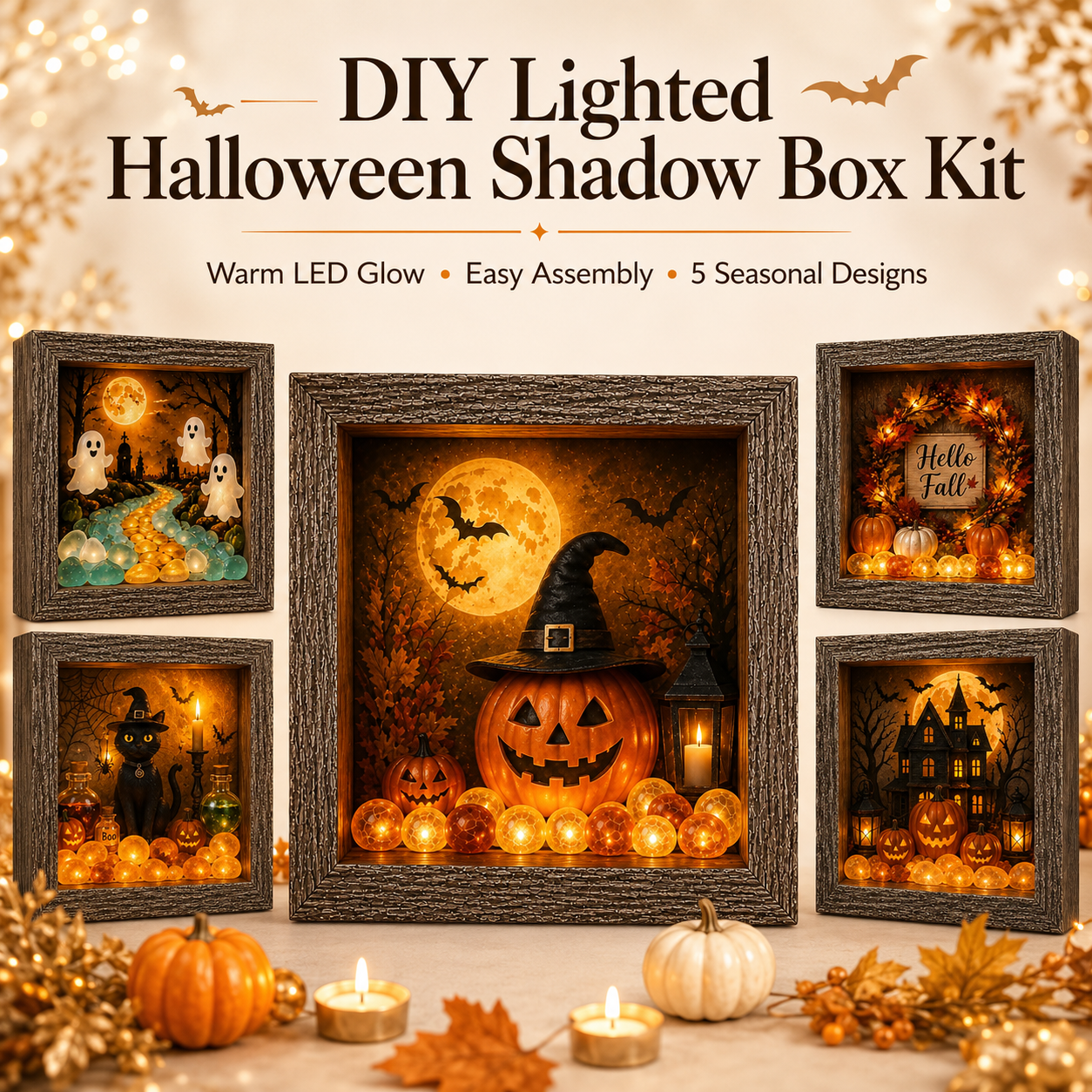 🎃DIY Lighted Halloween Shadow Box Kit – Warm LED Fall Decor & Easy Seasonal Craft